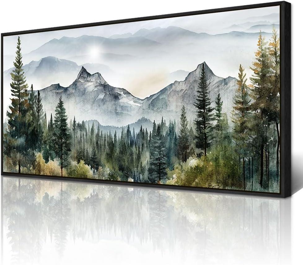 Wapluam Abstract Mountain Landscape Canvas Wall Art - Black Framed for Living Room, Bedroom - Large Modern Home Decor - Office Decoration Pictures Ready to Hang - 24x48 Artwork