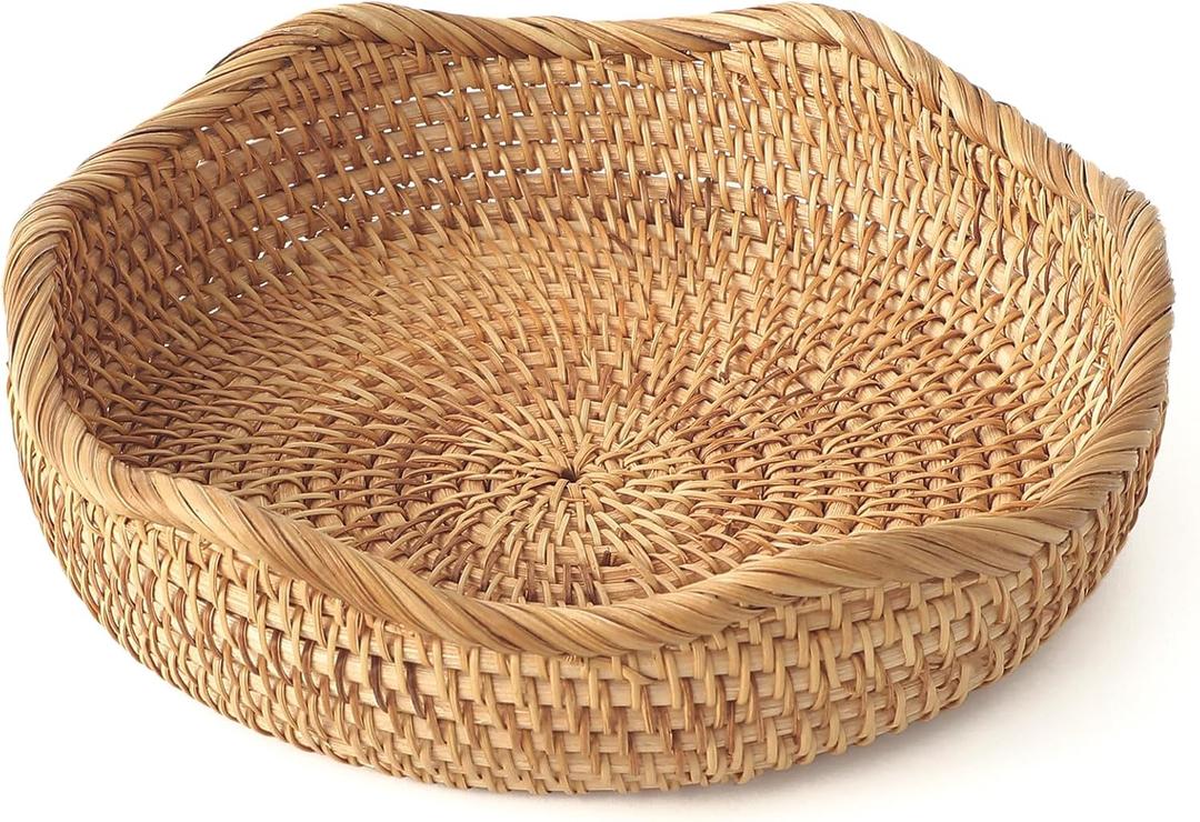HITOMEN Handmade Rattan Bread Baskets Round Wicker Fruit Serving Storage Bowls, Natural Woven Decorative Kitchen Counter Organizing (Honey Brown) S-8.7"