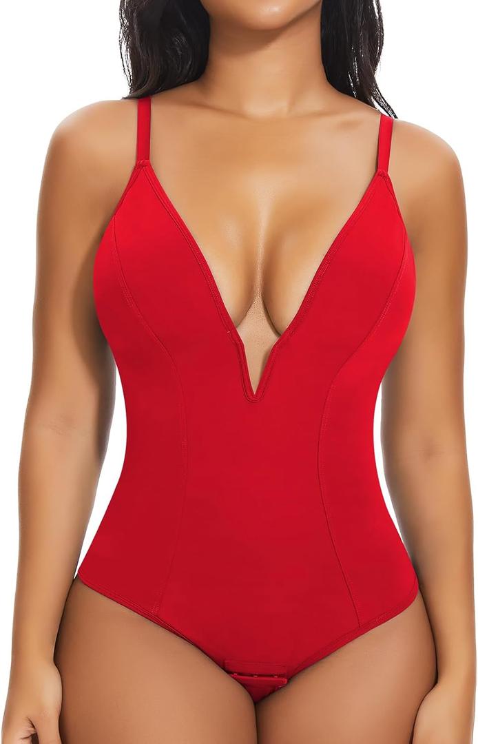 SHAPERIN Bodysuit for Women Shapewear Tummy Control Deep V Neck Plunge Sleeveless Backless Thong Body Suit Tank Top (Red, M)