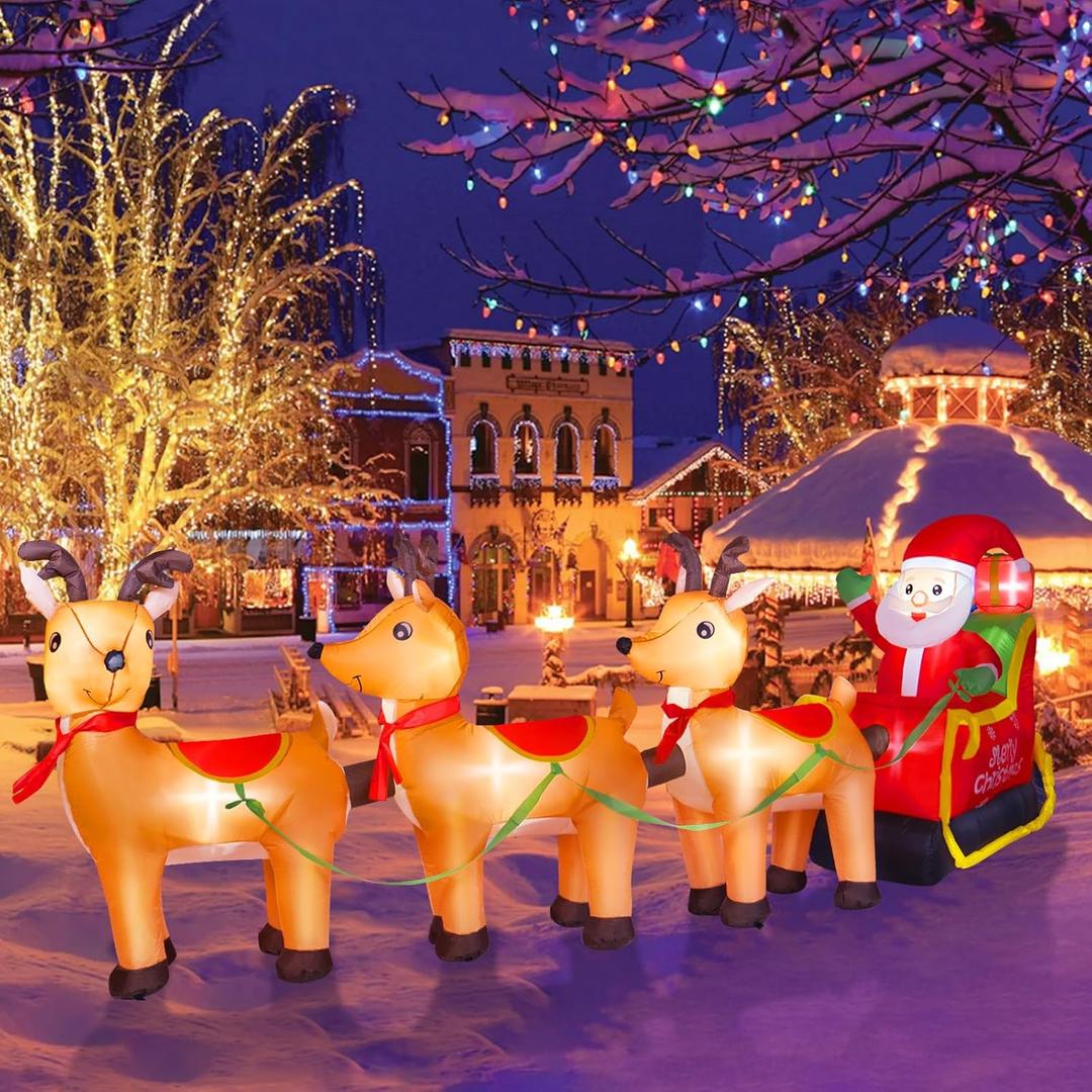 12FT Long Christmas Inflatables Outdoor Decorations, Inflatables Santa Claus on Reindeer Sleigh Built-in LED Lights, Christmas Blow Up Yard Decorations for Holiday Outdoor Garden Lawn Decor