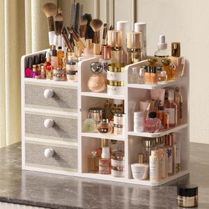 Large Makeup Organizer Countertop With Brush Holder Drawer For Vanity,Bamboo Bathroom Counter Organizers And Storage,Cosmetic Skincare Perfume Organizer,Easy To Store Nail Polish, Lipstick, Eyeshadow (3 Tier)