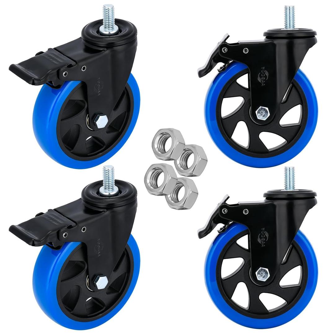 Heavy Duty Stem Caster Wheels 5 inch Locking Threaded Stem Casters Set of 4 Stem Size 1/2"-13 x 1 No Noise Swivel Casters Industrial Castor Wheels for Cart Furniture