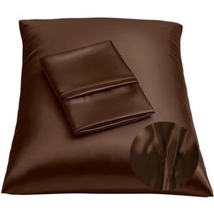 BLISSFORD Brown Satin Pillowcase with Zipper, for Hair and Skin Care, Feels Soft and Cool Like a Silk Pillowcase, Satin Pillow Cases 2 Pack, Slik Pillow Cover, Standard Size, Set of 2
