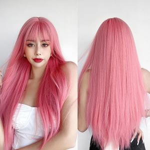 7JHH WIGS Light Pink Wig With Bang Straight Wig For Women Synthetic Neon Pink Wig Colorful Cosplay Wigs For Party And Daily Use23" Light Pink