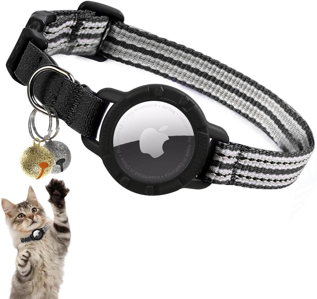 AirTag Cat Collar Reflective Kitten Collars with Integrated Apple Air Tag Holder | Lightweight, Elastic Safety Cat AirTag Collar with Bell for Girl Boy Cats, Kittens, and Puppies (Black, S)