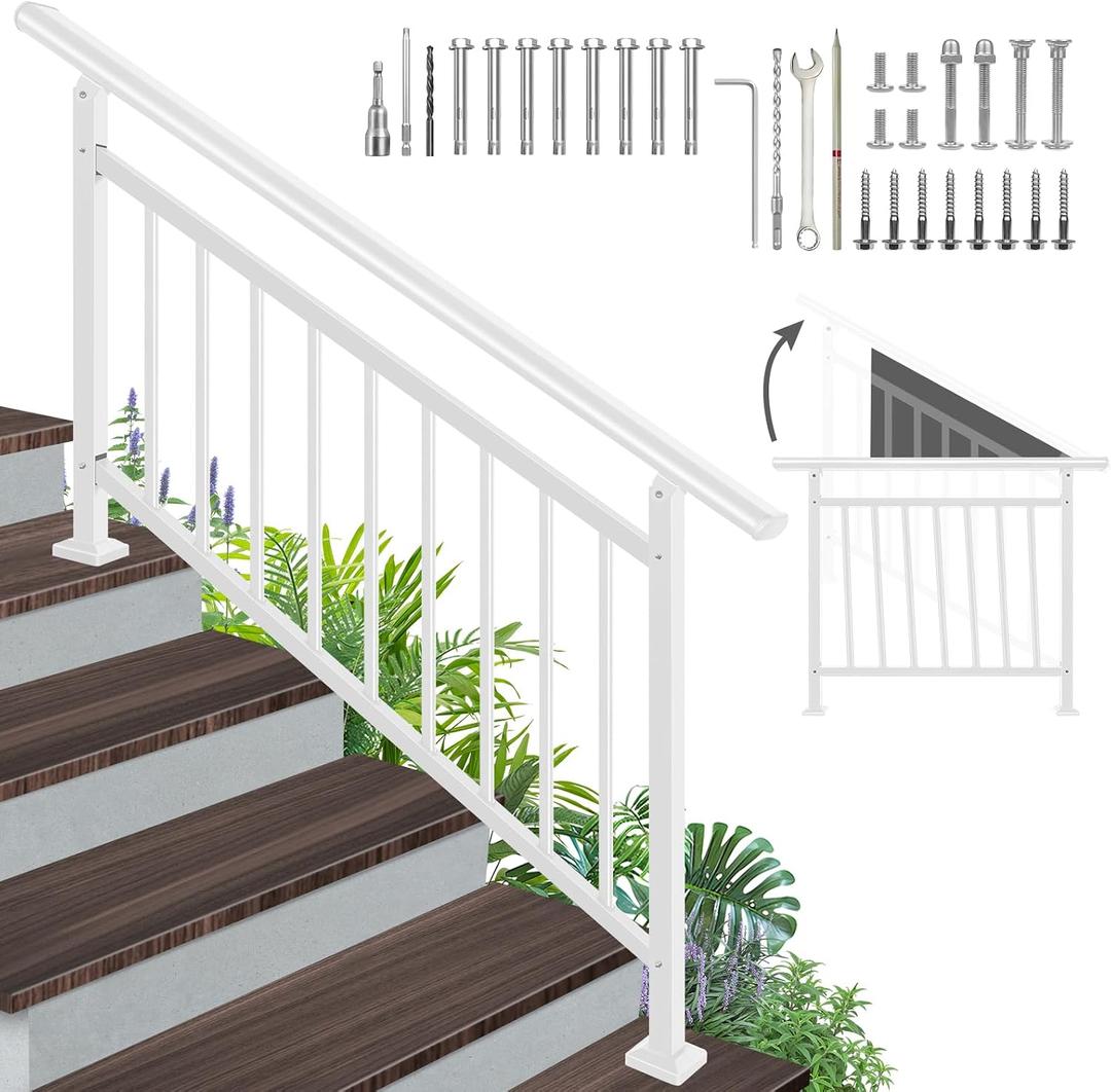 5-Step White Metal Handrail for Outdoor Steps