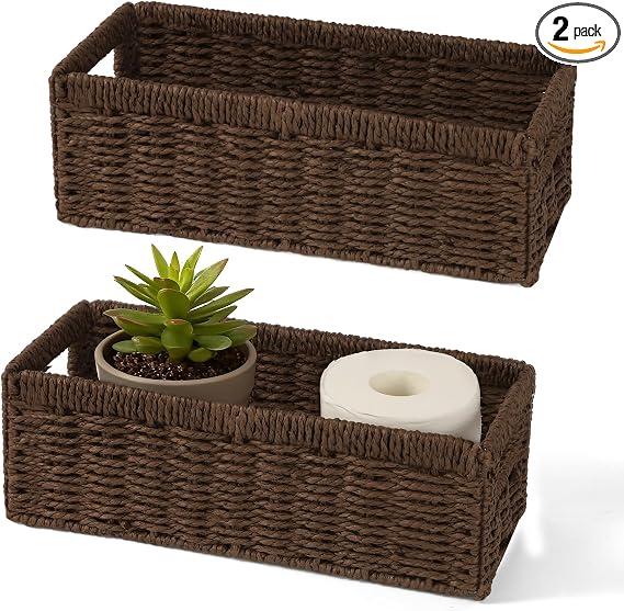 Wicker Storage Baskets, 2 Pack Paper Rope Wicker Basket with Handles
14.2" x 6.1" x 4.7" Foldable Storage Cubes basket for Organizing, Bathroom Countertop, Toilet, Pantry, Shelves