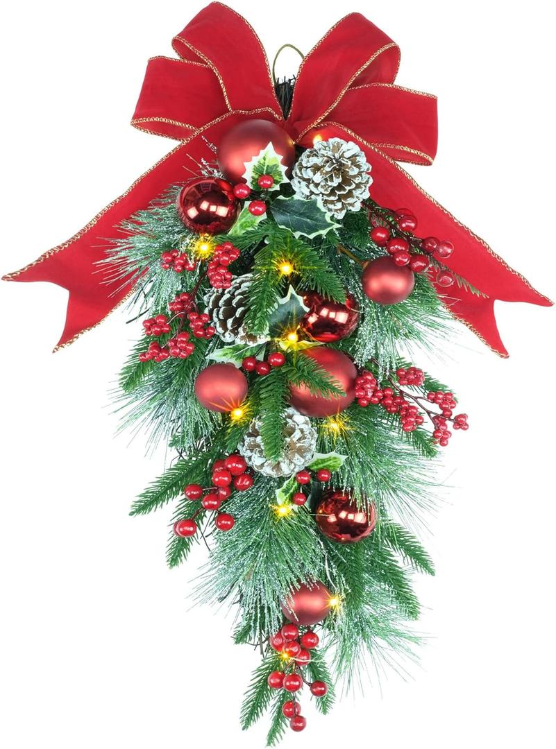 24" Pre-lit Decorative Teardrop Swag, Battery Operated Christmas Swag with Fairy Lights, Red Bowknot & Baubles, Pine Cones, Red Berries, Green Leaves Holly, Spruce Branches, Pine Needles