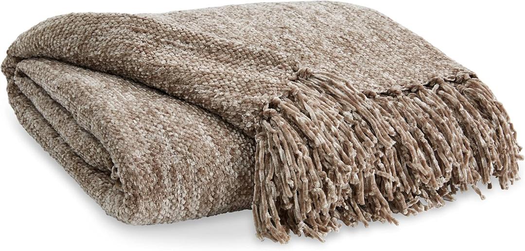 Signature Design by Ashley Tamish Contemporary Throw with Knotted Fringe, Light Brown (50"W x 60"D)