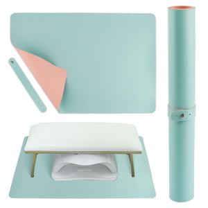 Foldable Nail Desk Mat 23.62" x 15.75", Waterproof PU Leather Manicure Table Pad (Mat Only), PU Top + Velvet Bottom, Easy-Clean Surface with Storage Strap, for Home or Salon (Pink/Blue)