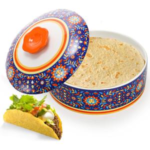 Ceramic Tortilla Warmer, 8.5 Inch Tortilla Holder with Lid, Tortilla Pancake Keeper Storage Container for Flour Taco, Chapati, Roti Bread, Microwave Dishwasher Safe
