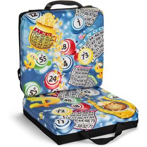 Bingo Jackpot Blue Pattern Seat Cushion  Storage Pouch & Handles, Extra Thick 3 Cushion with Strap  Comfortable Folding Chair Cushion for Bingo Nights