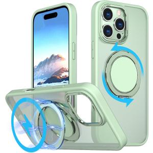 MAXCURY 360 Ring Stand Magnetic for iPhone 16 Pro Max Case, [Anti-Fingerprint] [Military Drop Protection] [Compatible with MagSafe] Soft Edge Translucent Slim Back 16 ProMax Phone Case (Green)