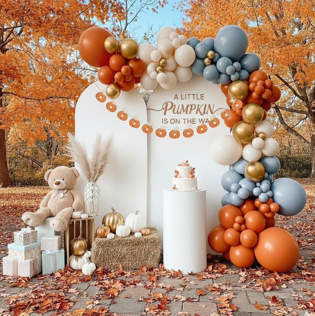 Fall Balloon Arch Kit 135Pcs Dusty Blue Burnt Orange Sand White Balloon Garland with Pumpkin Banner for A Little Pumpkin Is On The Way Baby Shower Autumn Birthday Thanksgiving Party Decoration