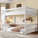 Bellemave Queen Over Queen Bunk Bed for Kids/Adults,Floor Bunk Beds with Inclined Ladder,Solid Wood Low Bunk Bed for Teens,Girls,Boys, Detachable,White