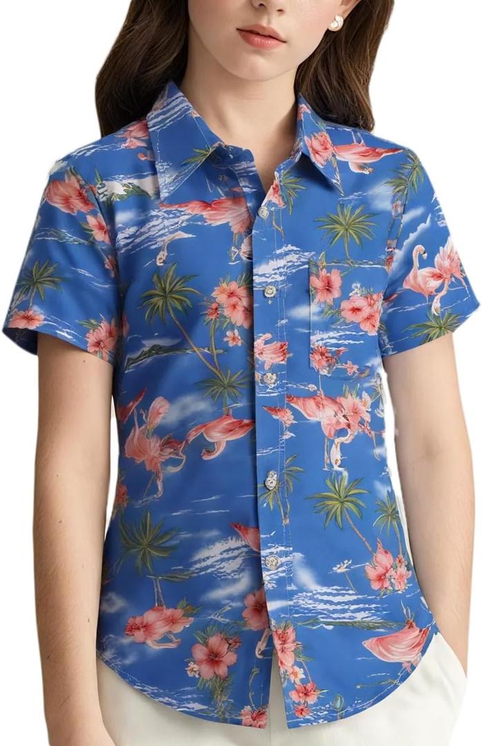 SSLR Big Girls Hawaiian Shirt Beach Tropical Summer Casual Short Sleeve Button Down Shirt