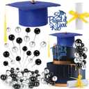 43Pcs Graduation Cake Kit Included Felt Grad Cap with Tassel Silver Black Ball Graduations Party Supplies So Proud of You Cupcake Topper for Congrats Senior High School College Parties Decor(Blue)