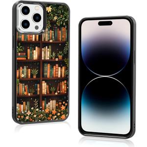 Aesthetic Floral Bookshelf Book Phone Case Compatible with iPhone 14 Pro Max Case 6.7 Inch, TPU Shockproof Protection Vintage Flowers Bookish Art Reading Book Lovers Gifts Phone Case for Girls Women