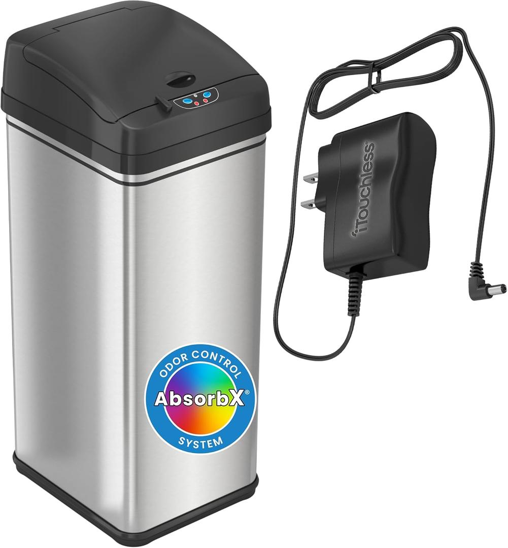 iTouchless 13 Gallon Kitchen Trash Can with Lid and Odor Filter, AC Adapter Included, Motion Sensor Stainless Steel Rectangular Garbage Bin for Home Office Work Bedroom Living Room Slim Wastebasket (Light Silver, Black)