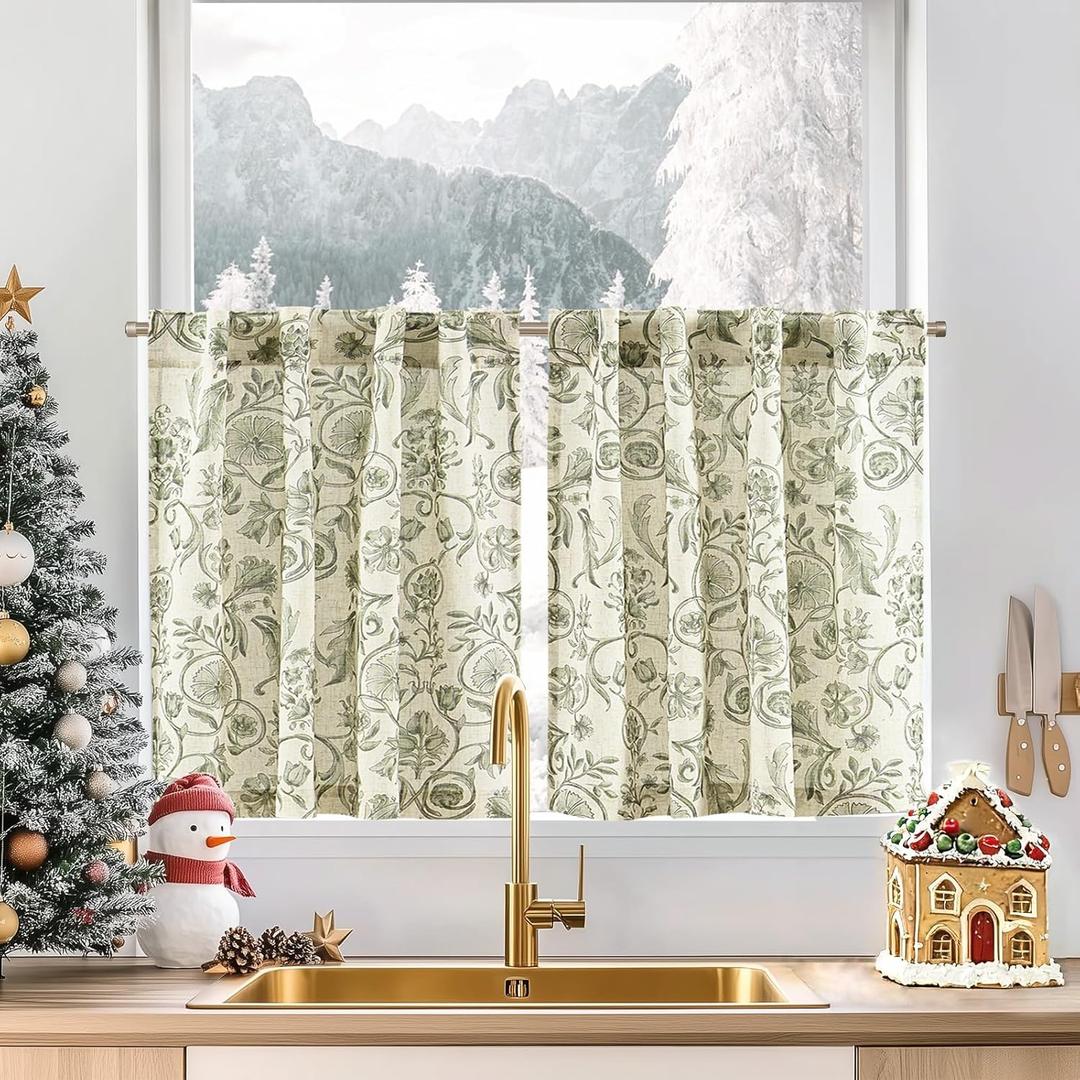 jinchan Small Window Curtains 24 Inch Linen Floral Curtain Set for Kitchen Bathroom Cafe Curtains Light Filtering Window Treatment Farmhouse Cottagecore Back Tab Drapes 2 Panels Green on Beige
