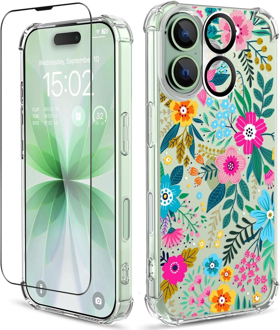 for iPhone 17 Case,[3 in 1] with Screen Protector & Camera Lens Protector, Flower Pattern Design,Clear Soft Shockproof Slim Floral Phone Cover for Women Girls 2025 6.3"(Colorful Blooming)