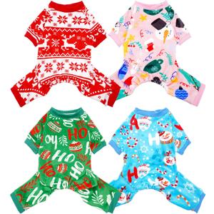 PET SHOW 4 Pack Small Dog Christmas Pajamas Holiday Dog Clothes Doggies Soft Stretchy PJs Xmas Jumpsuit Puppy Cats Girl Boy Onesies Red Green Outfits with Sleeve Pets Dachshund Costume XS