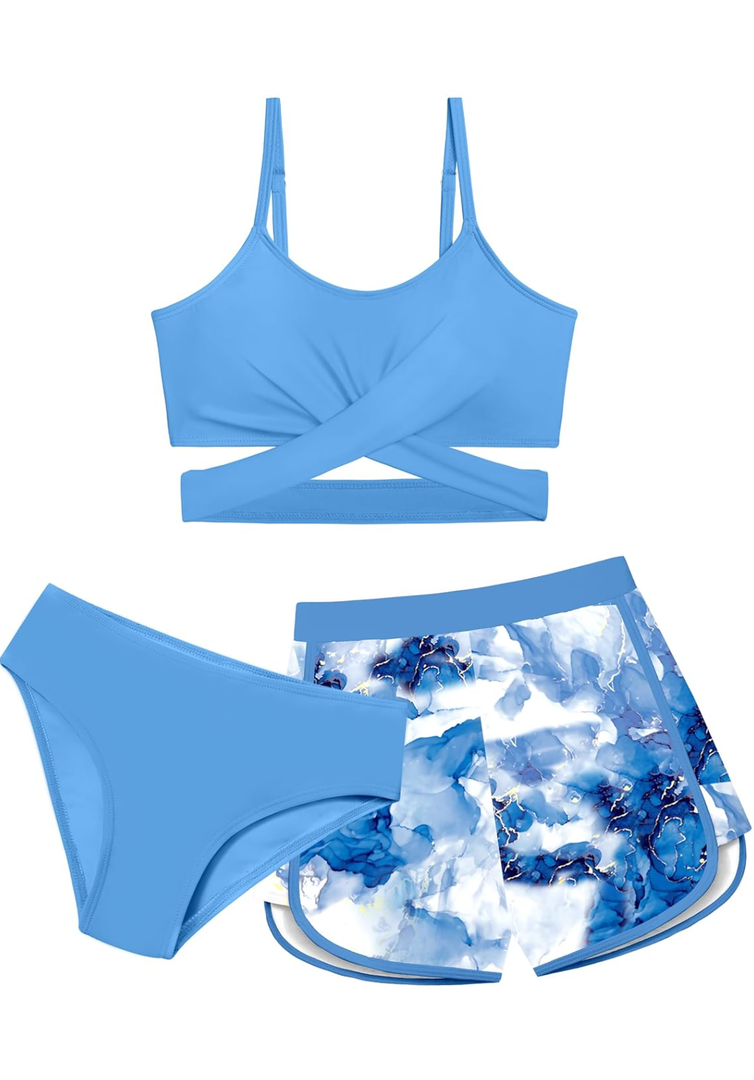 Girls Swimsuit 3 Piece Bathing Suit Criss Cross Bikini Set Girls' Swimwear with Shorts 11-12Y