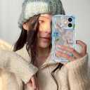 Jusy Compatible with iPhone 12, Colorful Retro Oil Painting Printed Flower Laser Glossy Pattern Cute Curly Wave Phone Case Soft TPU Cover for Girly Women - Blue Flower