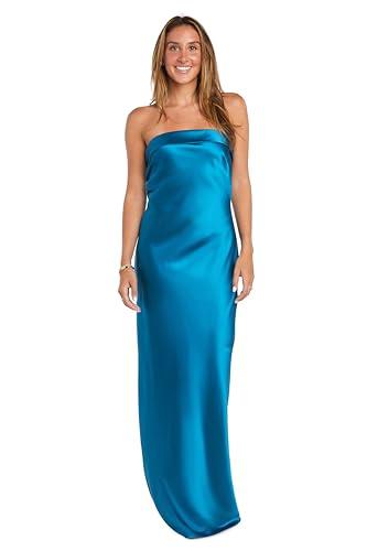 MORGAN AND CO. Juniors' Strapless Satin Long Dress W/Fold Over Neckline & Back Zipper - Formal Evening Cocktail Party Gown Teal 9