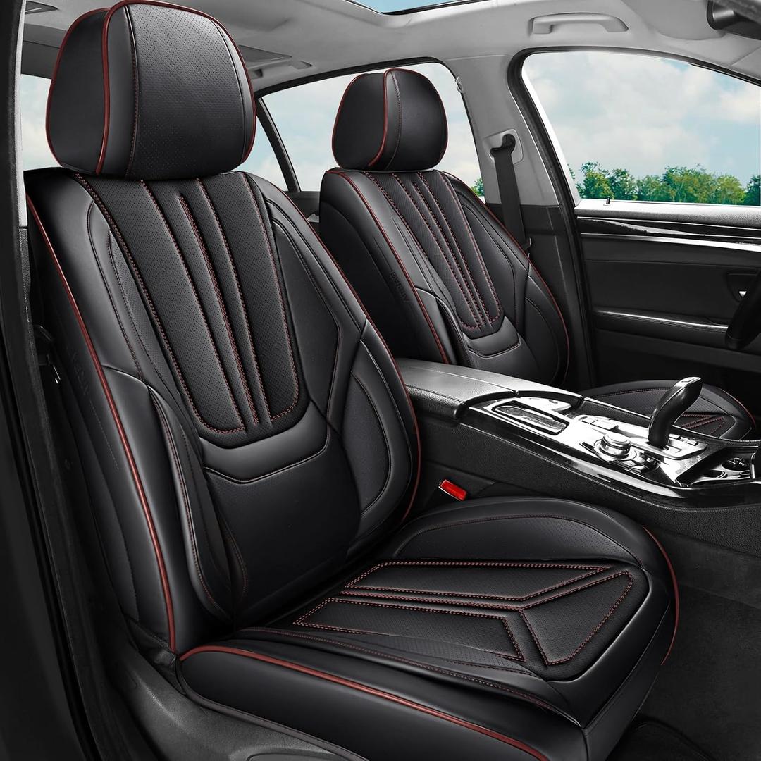 Car Seat Covers Full Set, Luxury Leather Car Seat Covers, Waterproof and Breathable Seat Covers, Universal Car Seat Protector Fit for Cars, Trucks, SUVs, Pick-ups (Black&Red line, FullSet)