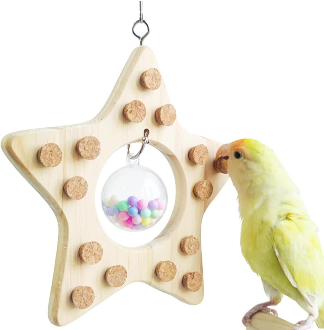 Bird Chewing Toys, Wooden Hanging Bird Chew Toy with Soft Corks, Wooden Biting Training & Foraging Toys for Budgies, Cockatiels, Quaker, Lovebirds, Conure, Small to Medium Parrots
