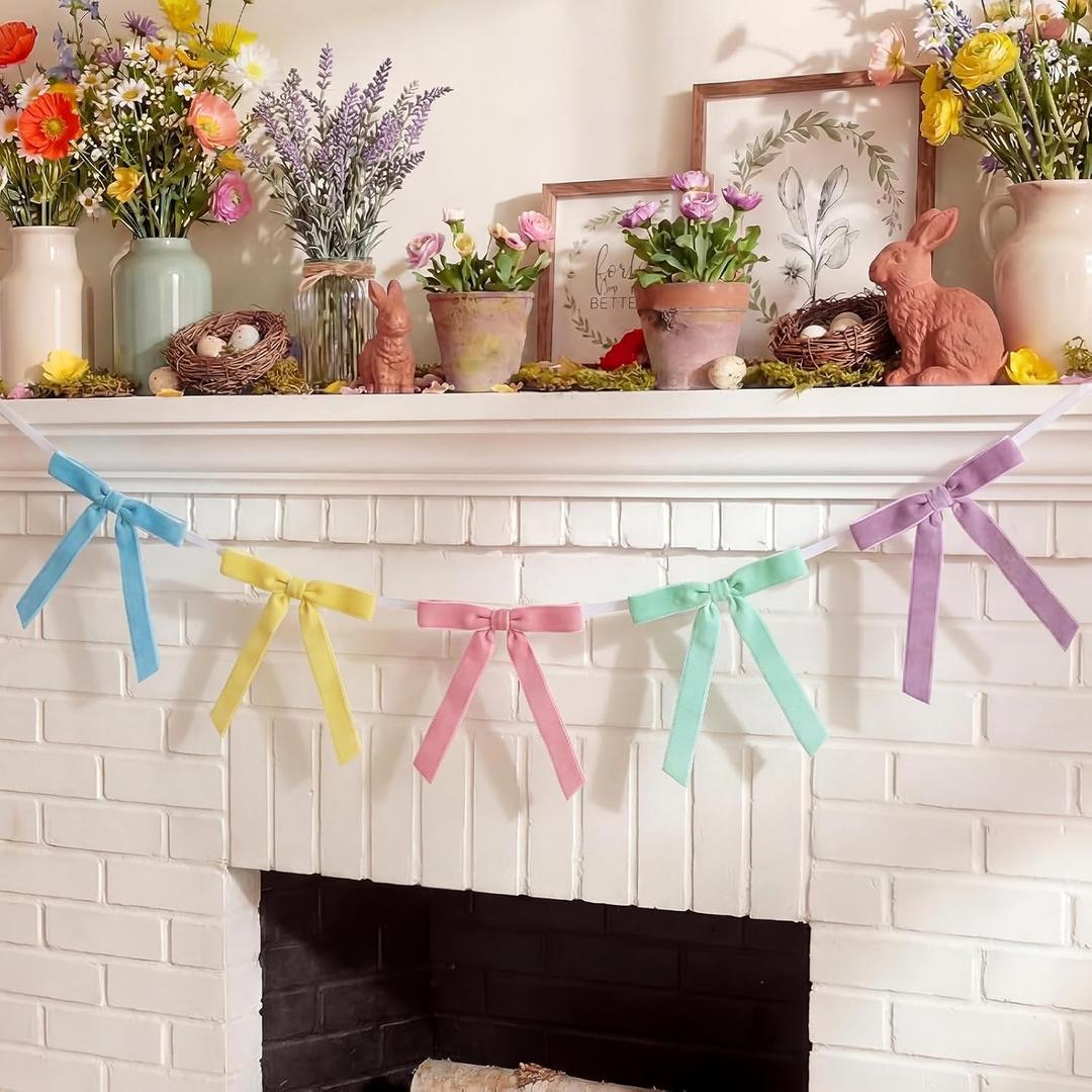 11 ft Easter Bow Garland Decorations Pastel Velvet Home Decor Banner Include 25 Bow Spring Decorations for Mantel, Room, Fireplace, Wall, Farmhouse, Office, School Indoor Birthday Table Supplies