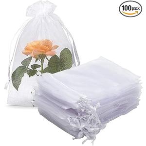 Organza Gift Bags Pack of 100 Drawstring 5x7 Inches White for Baby Shower,Girl Birthday,Party Favors,Wedding,Bridal Shower,Religious,Flat,Bulk Sheer Fabric Mesh Gauze Pouches for Jewelry,Candy