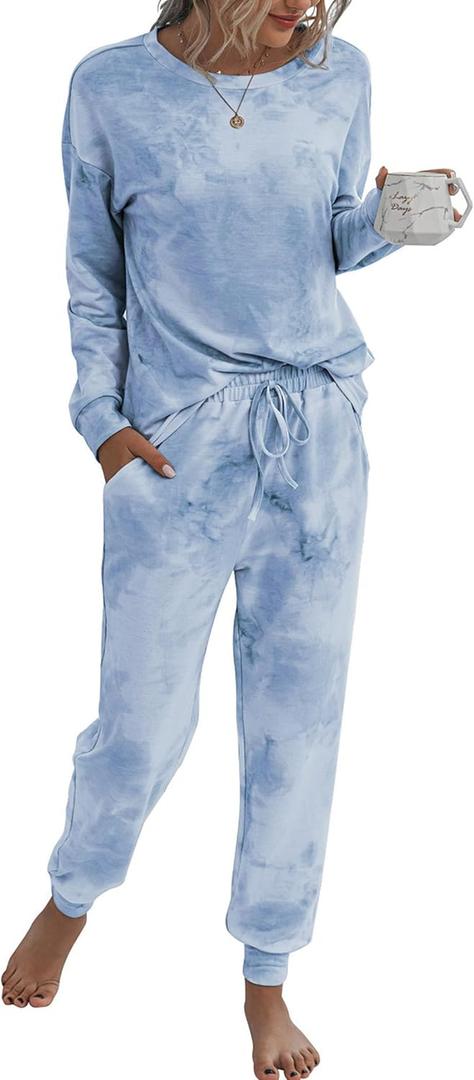 PRETTYGARDEN Women's Two Piece Loungewear Fall Casual Long Sleeve Tops Jogger Pants Pajama Sets Matching Outfits Clothing (Blue, L)