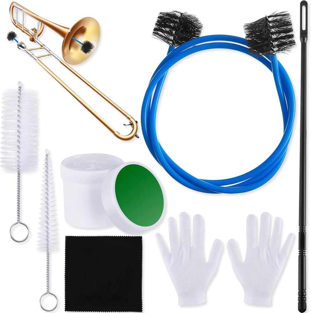7 Pieces Trombone Care Cleaning Kit Maintenance Kit Flexible Brush Slide Grease Mouthpiece Brush Valve Cleaning Cloth Casing Rod White Gloves for Instruments