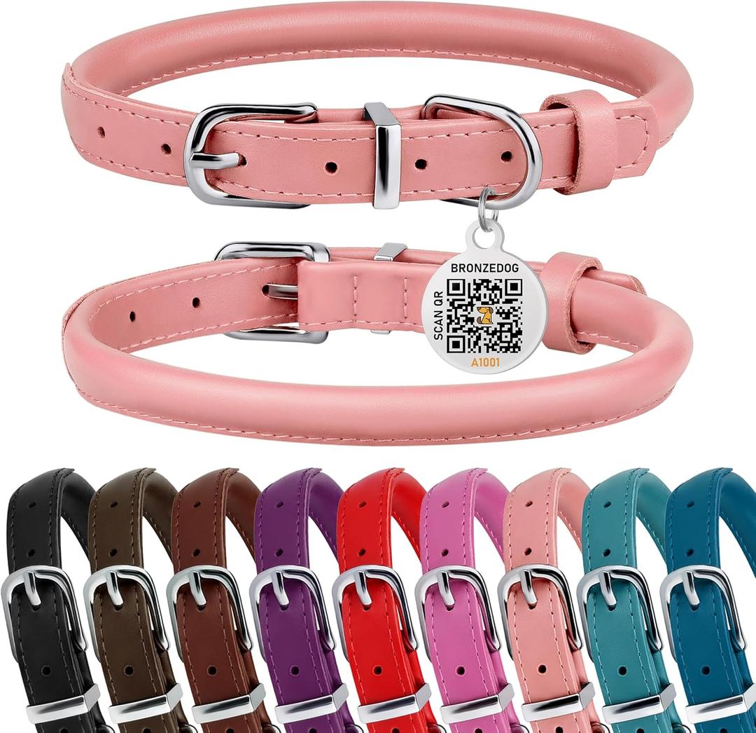 BRONZEDOG Rolled Leather Dog Collar for Small Medium Large Dogs with QR ID Tag (M: 14-16 Inch, Powder Pink)