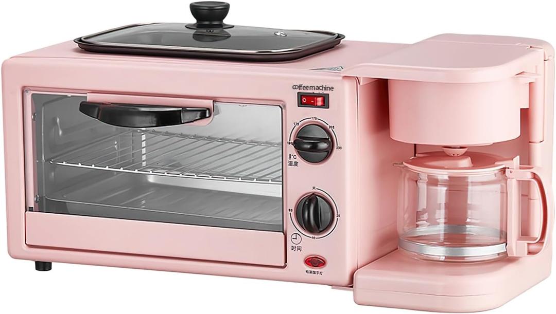 3-in-1 multifunctional home breakfast machine, mini oven, coffee maker (Pink)