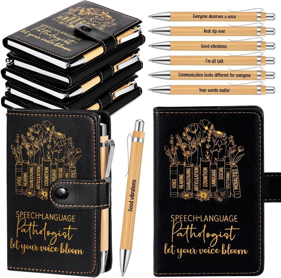 TaoBary 6 Sets Speech Language Pathologist Appreciation Gift Bulk Black A6 Leather Notebook Journal with Pens Inspirational Gift for Therapist SLP Staff Coworkers Office Supplies (SLP Classic) (1 Count (Pack of 6))