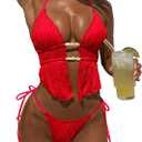 ZAFUL Halter Swimsuits for Women Textured Backless 2 Piece Bathing Suits Cheeky High Cut String Tie Side Bikini Sets, Medium