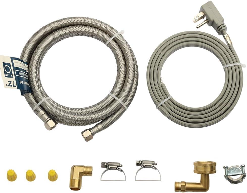 PLUMBERMASTER Dishwasher Installation Kit, 6ft Water Supply Line with with 3/8" x 3/8" Compression,3-Prong Straight Power Cord, Elbow Connectors&Adapters,Braided Stainless Steel Dishwasher hose Kit (72in)