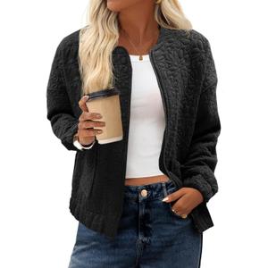 Tankaneo Womens Bomber Jackets Lightweight Zip Up Fashion Cute Jacquard Coats Fall Varsity Jacket (Black)