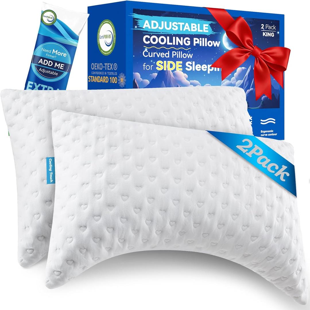 Side Sleeper Pillows for Neck & Shoulder Comfort - Ergonomic Curved Crescent Design, Adjustable Shredded Memory Foam, Cooling & Soft Cover, Extra Fill Included, King Size Pillows Set of 2