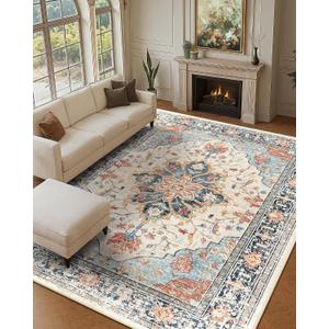 RELEANY Area Rugs 9'x12' Washable Non-Slip, Floral Vintage Distress Print Pattern Medallion Carpet for Living Room Bedroom Dining Room, Beige Navy Blue Orange Colorful