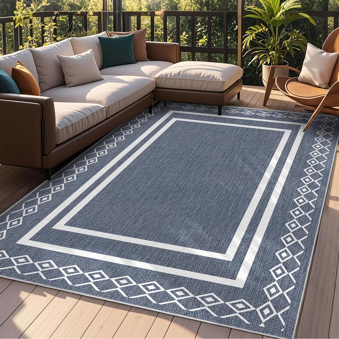 Outdoor Patio Rug, Outside Rectangular Carpet, Moroccan Geometric Rugs, Washable Large Indoor Outdoor Rug 6x9 Mats for RV, Picnic, Backyard, Deck, Balcony, Porch, Beach (Blue)