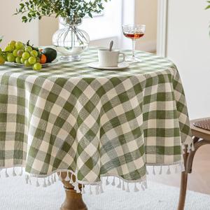 JIALE Spring Gingham Round Tablecloth 60" Cotton Linen Fabric Table Cloth with Tassel Washable Wrinkle Free Buffalo Plaid Table Cover for Birthday Party Picnic Outdoor Kitchen Dining, Green