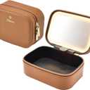 Faquenc Leather Travel Makeup Bag with LED Lighted Mirror Adjustable Brightness in 3 Colors Mini Cosmetic Bag Portable Makeup Pouch Travel Toiletry Bag for Women Instant Touch-up Vanity Brown