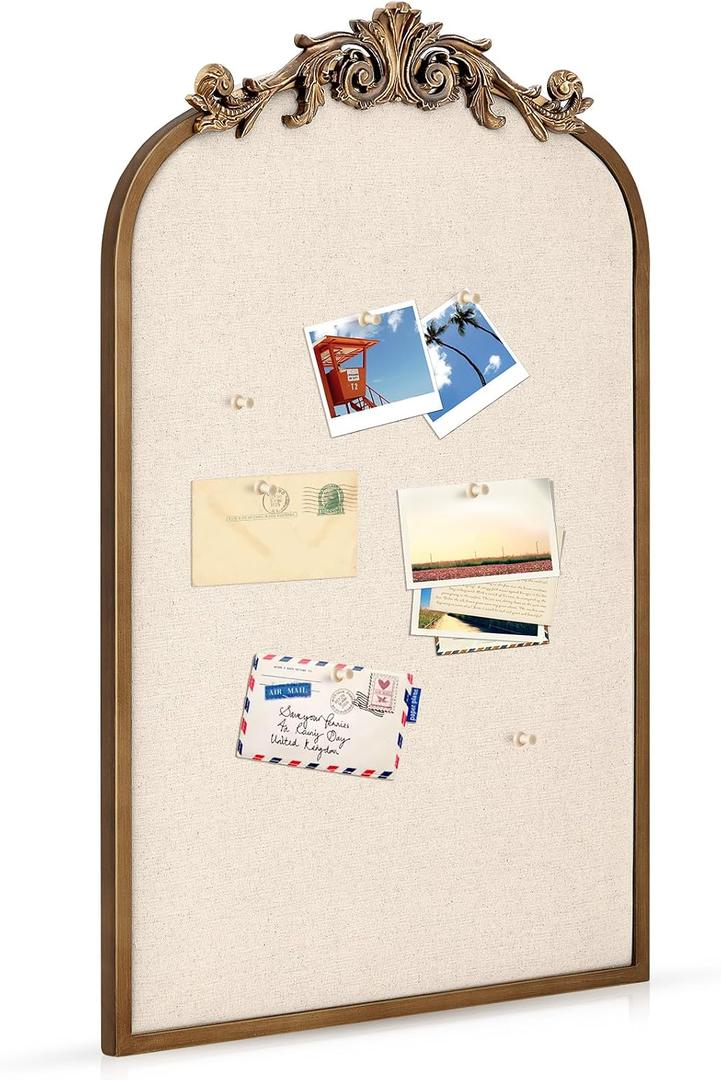 Wonderjune Vintage Framed PinBoard Linen Display Bulletin Board Large Cork Fabric Picture Photo Memo Pinboard Fancy Ornate Decorative Vision Board for Wall(Arch,19" X 31",Antique Gold)