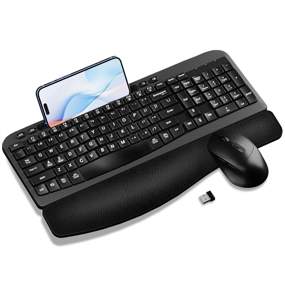 Wireless Keyboard and Mouse Combo, Wave Keys Computer Ergonomic Keyboard with Cushioned Palm Rest, Phone Holder, 2.4GHz Silent 6 Button Wireless Mouse Set for Laptop, PC, Windows, Mac (Black)