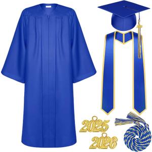 Tigeen Unisex Adult Graduation Gown Cap Tassel Set Matte Uniforms 2025 Charms Cord and Stole for College High School Graduate (48, Royal Blue)