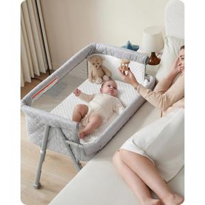 Bassinet Bedside Sleeper, Baby Crib for Newborn, Baby Bassinets Bedside Sleeper with 4 Auto-Lock & Adjustable Height, Breathable Mesh & Mattress, Bedside Bassinet (Grey)